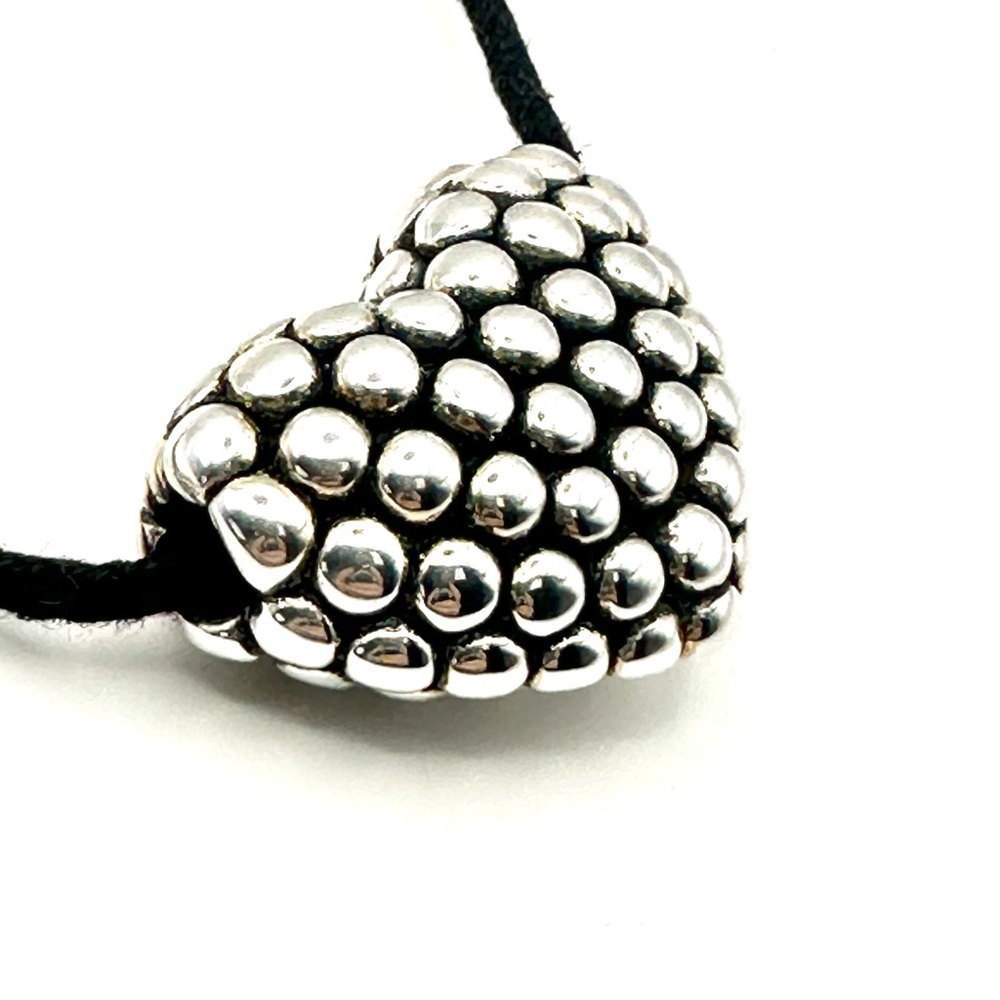 Lagos Caviar Silver Beaded Puffed Heart Pendant w/ Leather Cord RARE - Picture 5 of 12